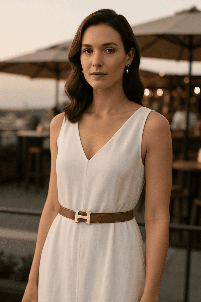 Frau mit braunem Hermes Gürtel über weißem Sommerkleid